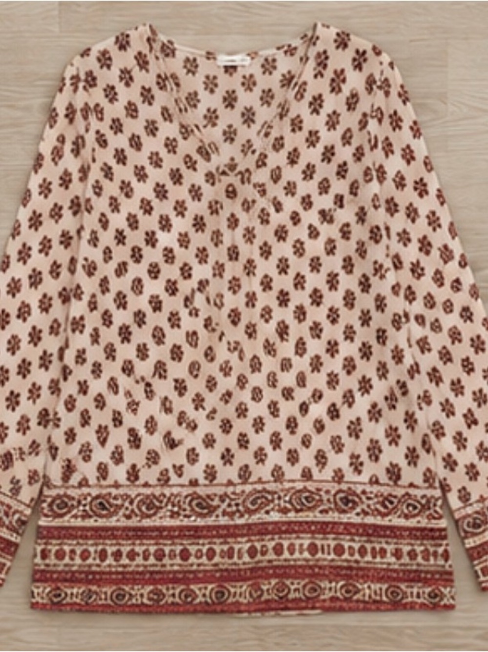 Boho Tassel V-Neck Long Sleeve Blouse in Cream and Burgundy - Picture 2 of 5